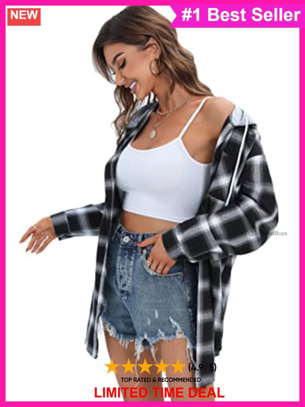 Women's Plaid Flannel Hooded Shirt Jacket Button Down Oversized